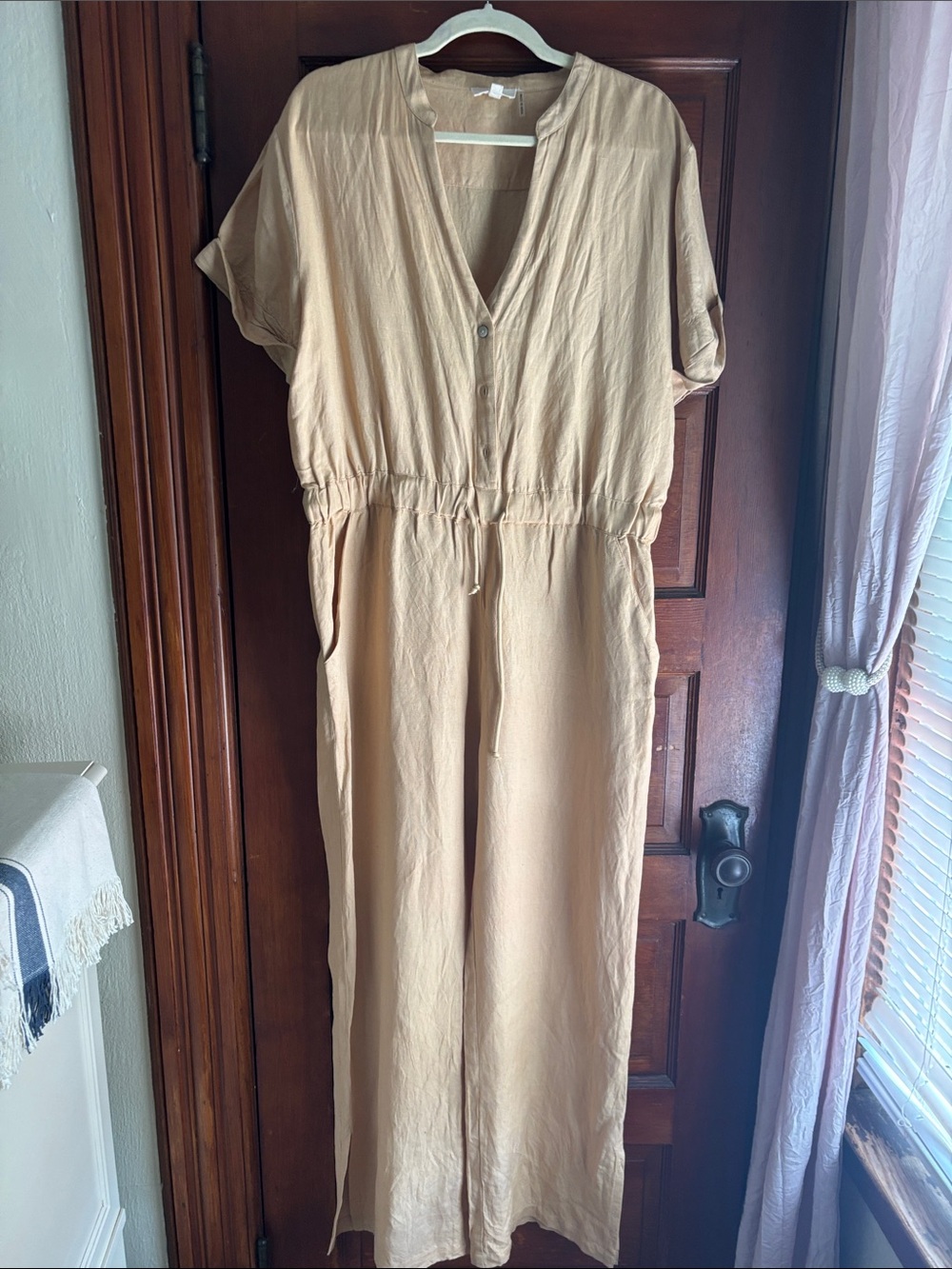 Elan Beige Short-Sleeve Drawstring Jumpsuit
